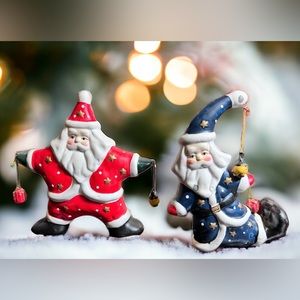 Ceramic Christmas Santa Claus Celestial Theme Figurines Candle Holder Lot of 2